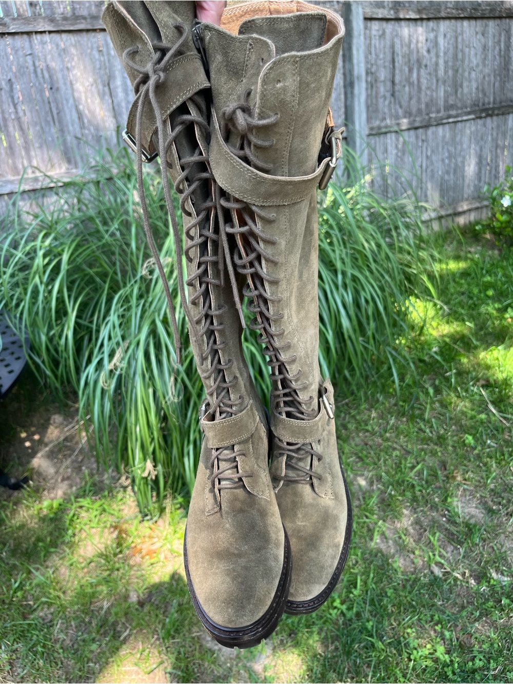 Lucky Brand Inniko Boots 8 Green Suede Lace Up Tall Buckle Moto Grunge Combat - Picture 4 of 16